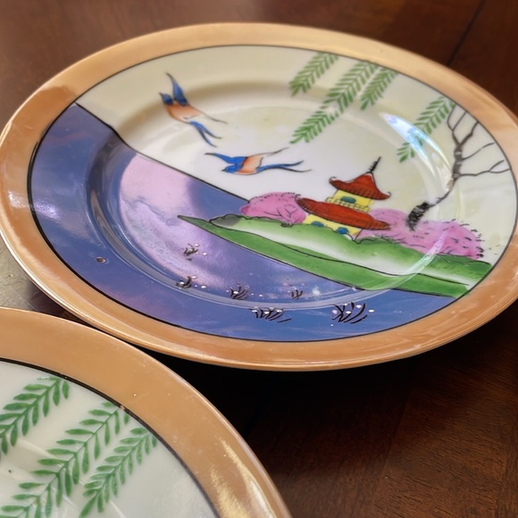 VTG set of 4 lusterware porcelain Japan plates pagoda birds scene - Picture 4 of 10